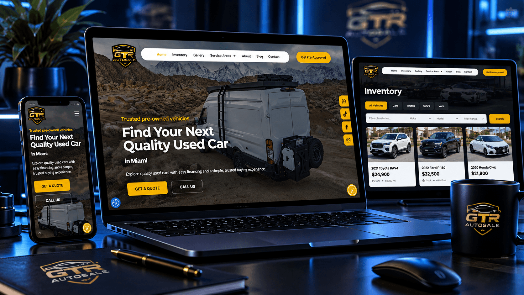 Presentación visual del sitio web de GTR Autosale en diferentes dispositivos